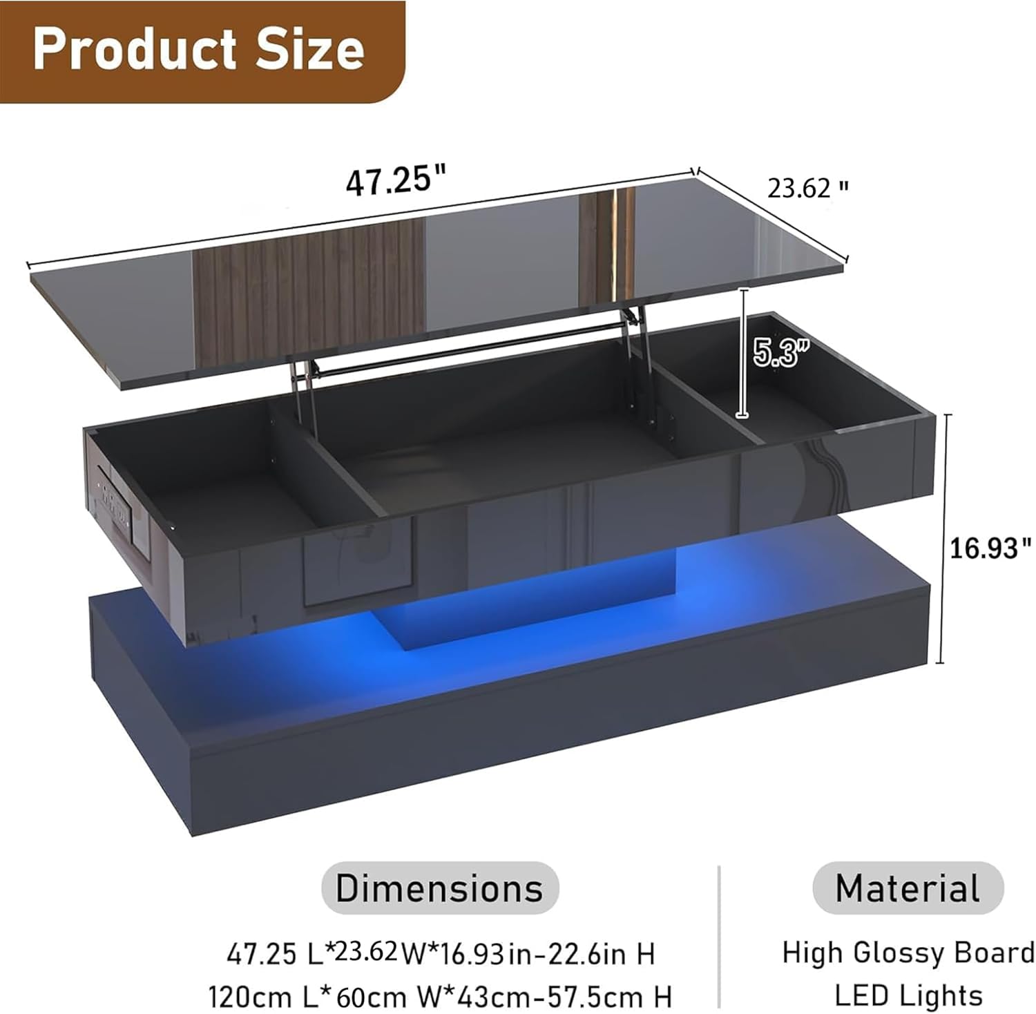 47.2" Large Lift Top Coffee Table,Modern High Glossy LED Coffee Tables for Living Room with Storage