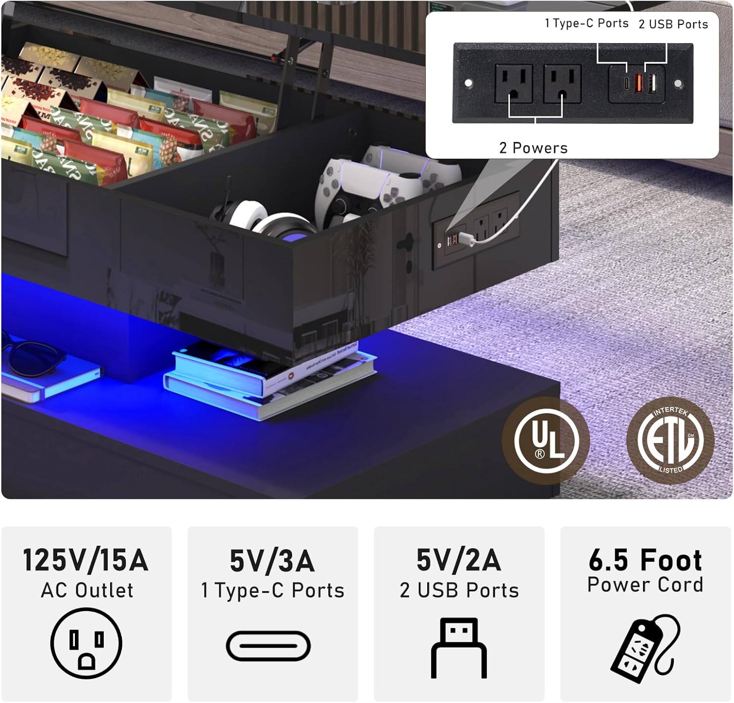 47.2" Large Lift Top Coffee Table,Modern High Glossy LED Coffee Tables for Living Room with Storage