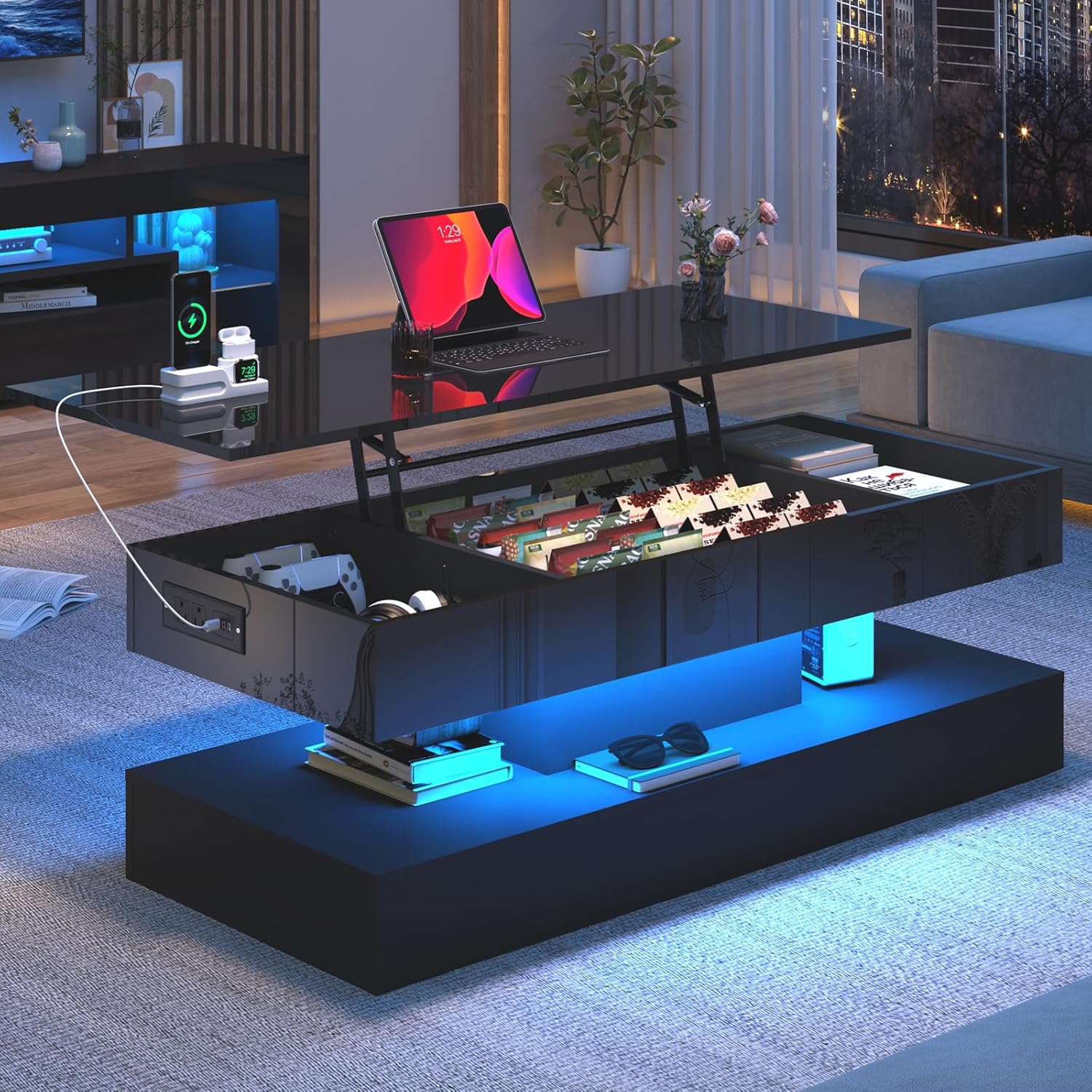 47.2" Large Lift Top Coffee Table,Modern High Glossy LED Coffee Tables for Living Room with Storage