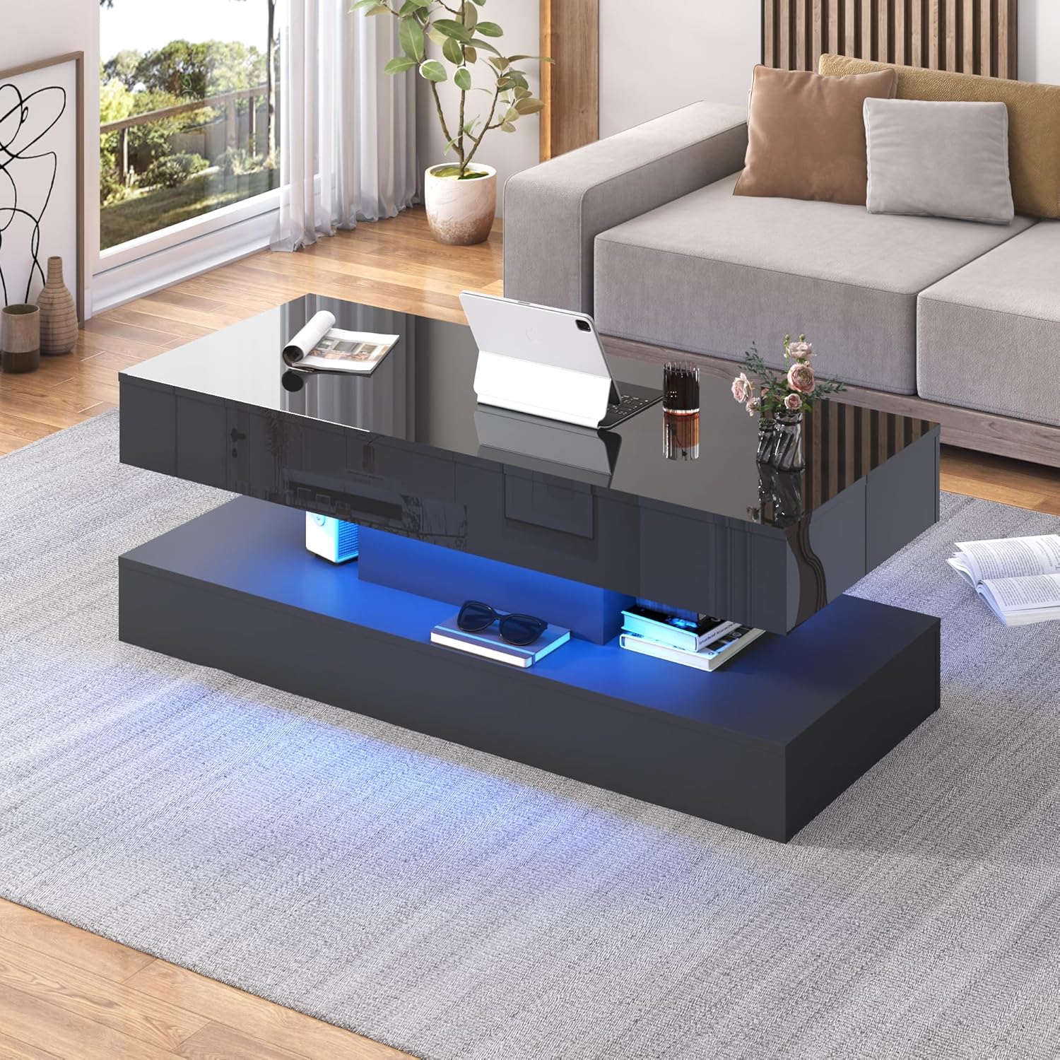 47.2" Large Lift Top Coffee Table,Modern High Glossy LED Coffee Tables for Living Room with Storage