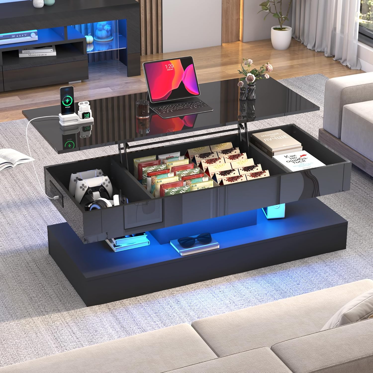 47.2" Large Lift Top Coffee Table,Modern High Glossy LED Coffee Tables for Living Room with Storage